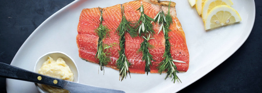 HERB-THREADED SALMON WITH LEMON GARLIC BUTTER